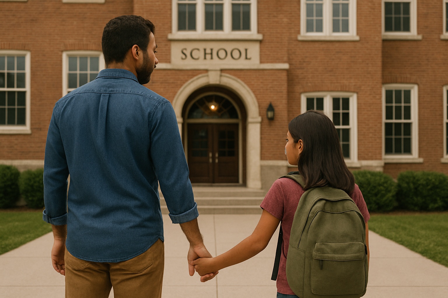 A father and his daughter hold hands as they prepare to enter a school building together